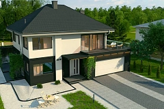 Просторный двухэтажный дом простой формы с террасой над гаражом.