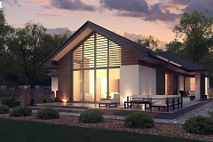 Стильный одноэтажный дом с панорамным остеклением в гостиной