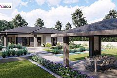 Cовременный одноэтажный дом с многоскатной крышей и гаражом на две машины.