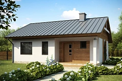 Аккуратный небольшой одноэтажный дом простой конструкции с кухней со стороны сада.