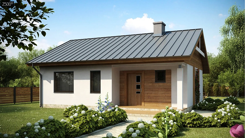 Аккуратный небольшой одноэтажный дом простой конструкции с кухней со стороны сада.