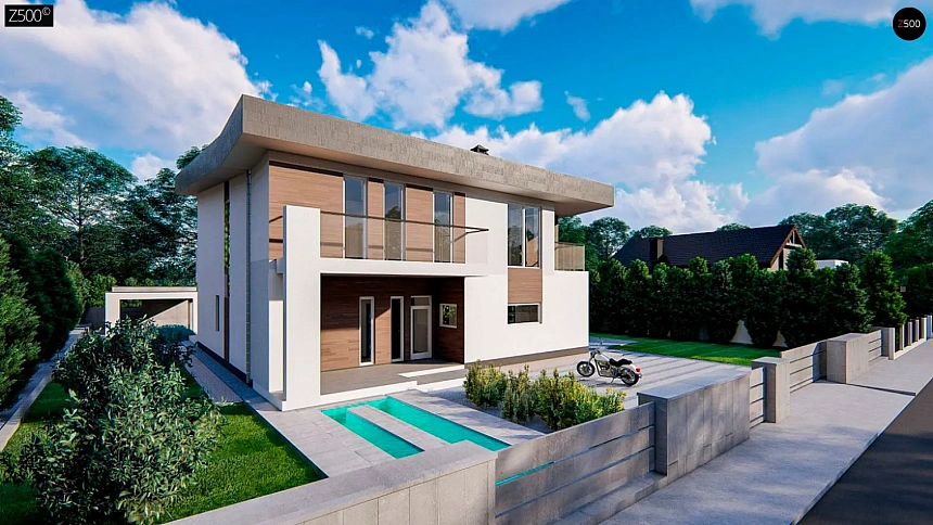 Современный двухэтажный дом с плоской кровлей