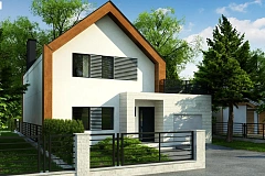 Современный дом с двускатной крышей и гаражом для одного авто