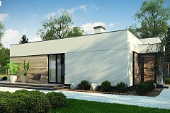 Одноэтажный дом с панорамными окнами и плоской кровлей