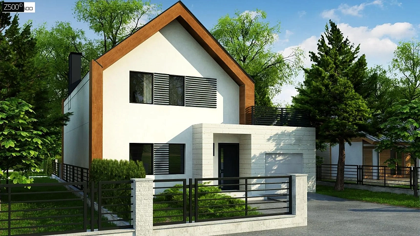 Современный дом с двускатной крышей и гаражом для одного авто