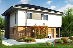 Проект двухэтажного коттеджа с низкой четырехскатной кровлей и большой террасой на втором этаже