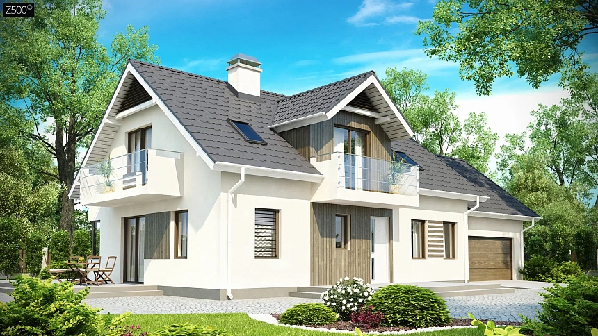 Просторный функциональный дом с гаражом, красивыми мансардными окнами и дополнительной спальней на первом этаже.