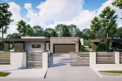 Современный одноэтажный дом с внешним камином