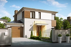 Двухэтажный дом, сочетающий традиционные формы и современный дизайн, с тремя спальнями и гаражом.