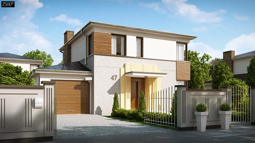 Двухэтажный дом, сочетающий традиционные формы и современный дизайн, с тремя спальнями и гаражом.