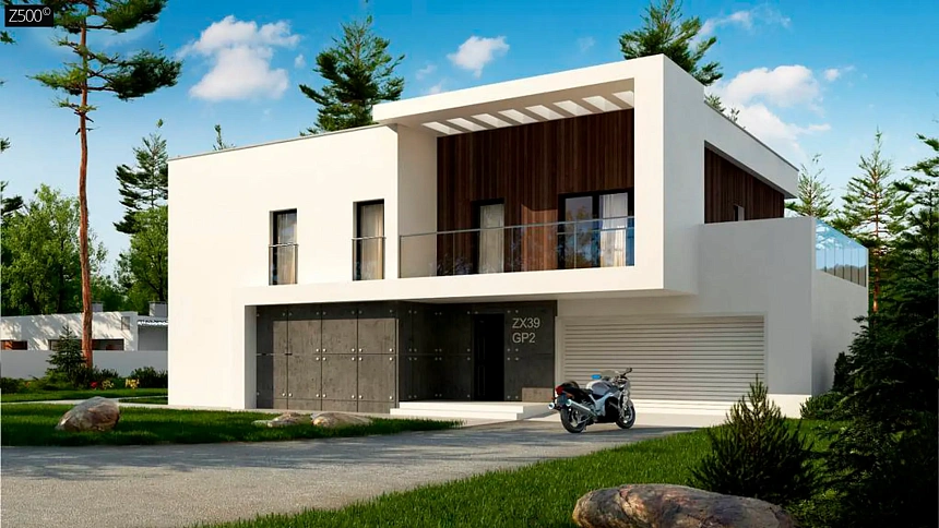 Двухэтажный дом с плоской кровлей и гаражом на две машины