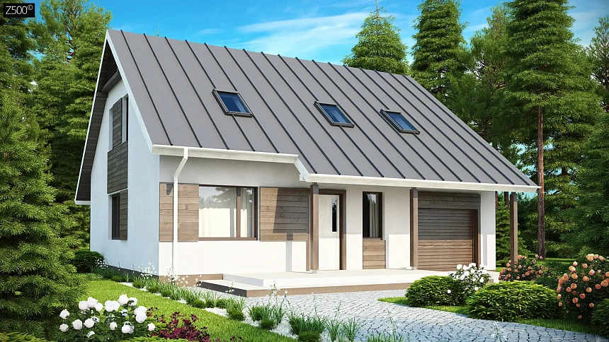 Практичный аккуратный дом с мансардой, со встроенным гаражом для одной машины.