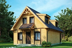 Компактный дом с мансардой, с крытой террасой и внешним камином.