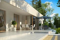 Одноэтажный дом в современном стиле, с большими застекленными окнами