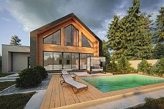 Дом с мансардой, двускатной крышей и большим остеклением.