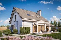 Проект практичного дома с эркером и гаражом на одну машину.