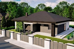 Функциональный одноэтажный дом с гаражом на одну машину, расположенный в центральной части переднего фасада.