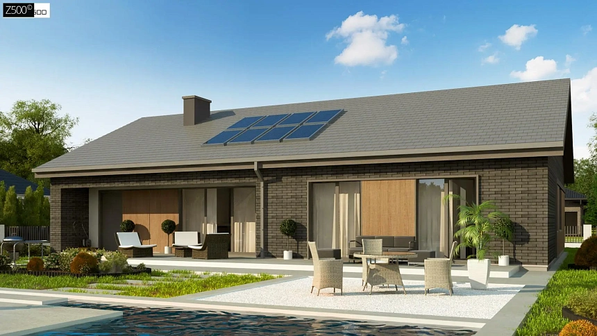 Одноэтажный дом - 4 спальни, гараж и 2-х скатная крыша, фасад клинкерная плитка