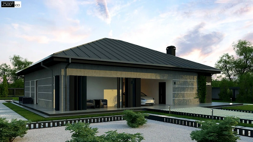 Проект дома с одноуровневой оригинальной планировкой и современным экстерьером.