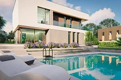 Современный двухэтажный дом с плоской кровлей и панорамным остеклением