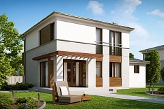 Двухэтажный дом, сочетающий традиционные формы и современный дизайн, с тремя спальнями и гаражом.