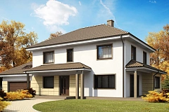 Просторный и функциональный двухэтажный дом с многоскатной кровлей и гаражом.