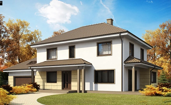 Просторный и функциональный двухэтажный дом с многоскатной кровлей и гаражом.