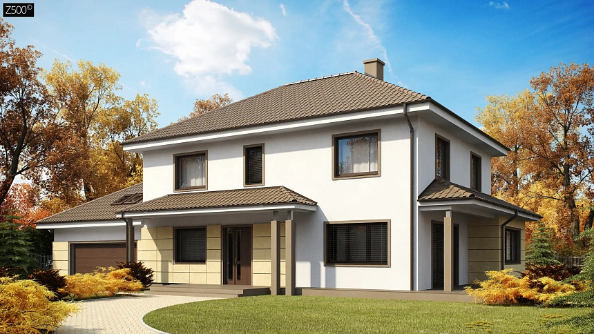 Просторный и функциональный двухэтажный дом с многоскатной кровлей и гаражом.