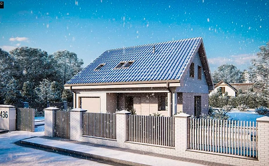 Дом с мансардой, двускатной крышей, гаражом и крытой террасой.