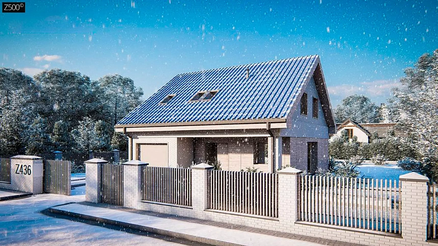 Дом с мансардой, двускатной крышей, гаражом и крытой террасой.