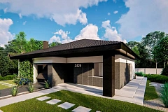 Функциональный одноэтажный дом с гаражом на одну машину, расположенный в центральной части переднего фасада.