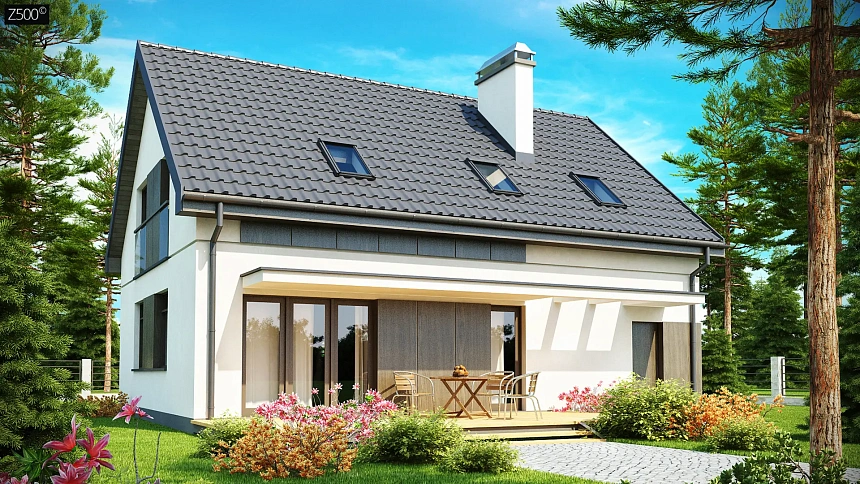 Функциональный традиционный дом с современными элементами в архитектуре, со встроенным гаражом.