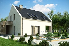 Проект дома с мансардой, террасой на первом этаже и гаражом на одну машину.