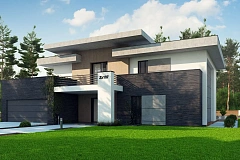 Красивый и комфортный дом с плоской кровлей, гаражом на две машины и просторными террасами.