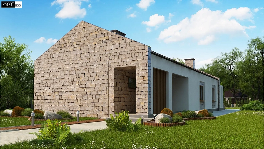 Проект для узкого участка без гаража с тремя спальнями