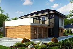 Проект двухэтажного коттеджа с низкой четырехскатной кровлей и большой террасой на втором этаже