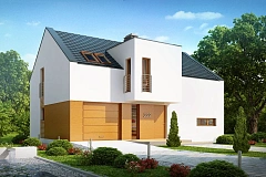 Современный функциональный дом с гаражом, с оригинальным выступом над входом.