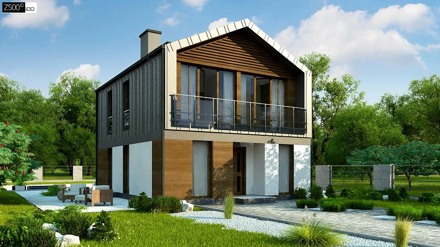 Двухэтажный коттедж в европейском стиле с комнатой на первом этаже.