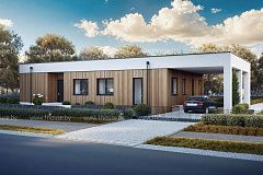 Одноэтажный современный дом с плоской кровлей и навесом под 2 авто.