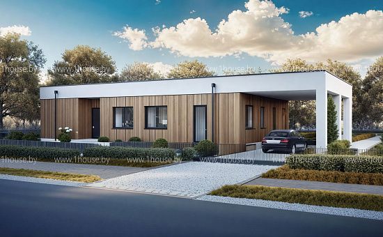 Одноэтажный современный дом с плоской кровлей и навесом под 2 авто.