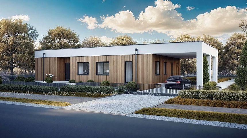 Одноэтажный современный дом с плоской кровлей и навесом под 2 авто.