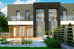 Современный двухсемейный дом с плоской кровлей и гаражом справа