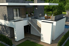 Стильный дом в современном стиле с просторной террасой на втором этаже.