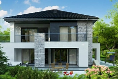 Коттедж в современном стиле с гаражом на две машины и террасой на втором этаже