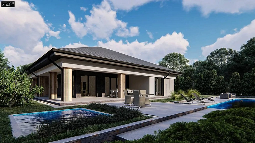 Одноэтажный проект дома с гаражом на две машины