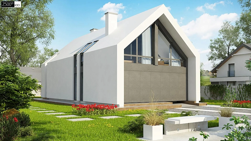 Мансардный дом со встроенным гаражом для одного автомобиля.