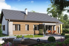 Проект одноэтажного дома с двускатной кровлей, с тремя спальнями и гаражом.