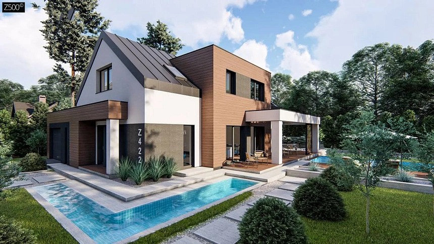 Дом с двускатной крышей, современным мансардным этажом, боковой террасой и гаражом.