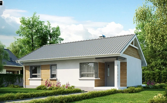 Выгодный компактный одноэтажный дом с угловым окном в кухне.