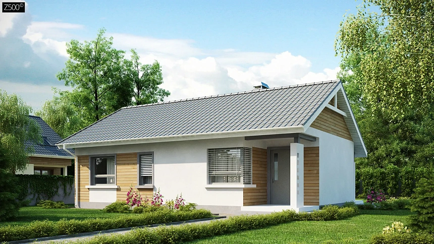 Выгодный компактный одноэтажный дом с угловым окном в кухне.